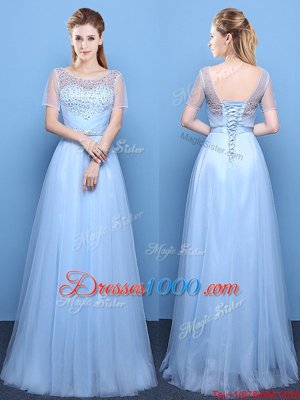 Pretty Light Blue Scoop Lace Up Beading Homecoming Dress Short Sleeves