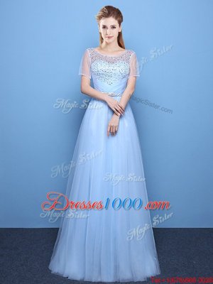 Pretty Light Blue Scoop Lace Up Beading Homecoming Dress Short Sleeves