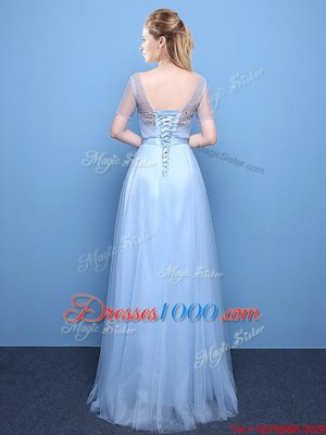 Pretty Light Blue Scoop Lace Up Beading Homecoming Dress Short Sleeves