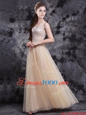 Artistic Beading Evening Dress Champagne Zipper Sleeveless Floor Length