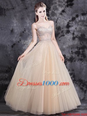 Artistic Beading Evening Dress Champagne Zipper Sleeveless Floor Length