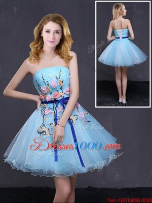Fabulous Baby Blue Organza Lace Up Homecoming Dress Sleeveless Mini Length Appliques and Belt