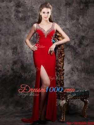 Designer Sleeveless Brush Train Appliques Zipper Prom Dresses