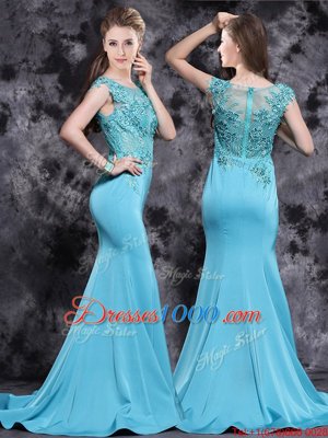 Brush Train Mermaid Prom Evening Gown Aqua Blue Scoop Satin Cap Sleeves With Train Zipper