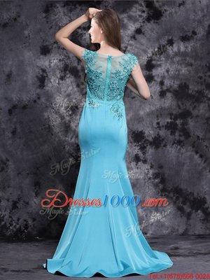 Brush Train Mermaid Prom Evening Gown Aqua Blue Scoop Satin Cap Sleeves With Train Zipper