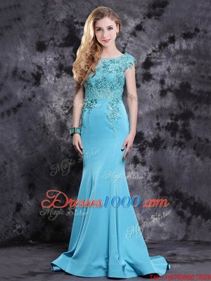 Brush Train Mermaid Prom Evening Gown Aqua Blue Scoop Satin Cap Sleeves With Train Zipper