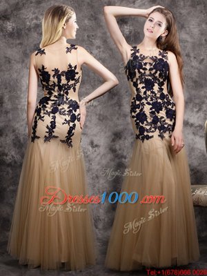 Delicate Mermaid Scoop Sleeveless Tulle Floor Length Side Zipper Prom Dresses in Champagne for with Lace and Appliques