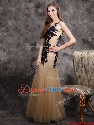 Delicate Mermaid Scoop Sleeveless Tulle Floor Length Side Zipper Prom Dresses in Champagne for with Lace and Appliques