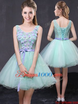 Scoop Mini Length Lace Up Party Dress for Girls Apple Green and In for Prom and Party with Lace and Hand Made Flower