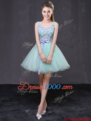 Scoop Mini Length Lace Up Party Dress for Girls Apple Green and In for Prom and Party with Lace and Hand Made Flower