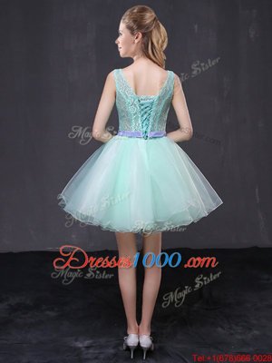 Scoop Mini Length Lace Up Party Dress for Girls Apple Green and In for Prom and Party with Lace and Hand Made Flower