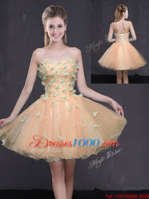 Custom Made Peach Lace Up Celeb Inspired Gowns Appliques Sleeveless Mini Length