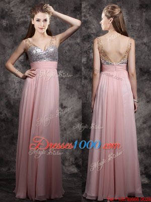 Baby Pink Sleeveless Beading and Sequins Floor Length