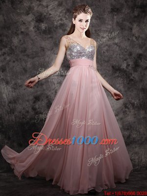 Baby Pink Sleeveless Beading and Sequins Floor Length