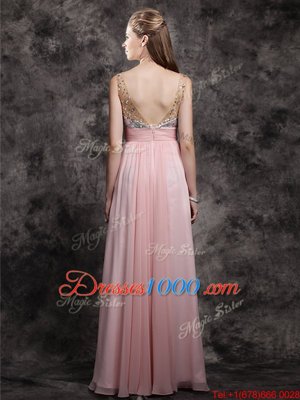 Baby Pink Sleeveless Beading and Sequins Floor Length