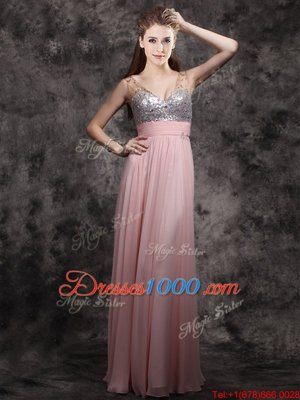 Baby Pink Sleeveless Beading and Sequins Floor Length