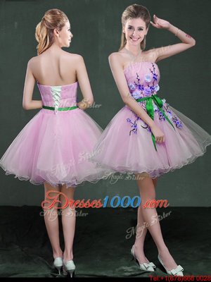 Lilac A-line Organza Strapless Sleeveless Appliques and Belt Mini Length Lace Up Prom Gown