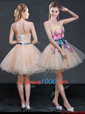 Custom Made Peach Prom and Party and For with Appliques and Belt Strapless Sleeveless Lace Up
