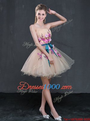 Custom Made Peach Prom and Party and For with Appliques and Belt Strapless Sleeveless Lace Up