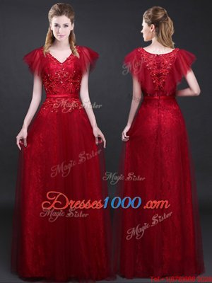 Simple Lace Short Sleeves Zipper Floor Length Appliques and Belt Homecoming Dress