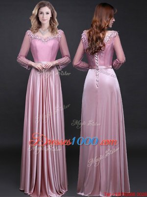 Pink Empire Elastic Woven Satin V-neck Long Sleeves Appliques and Belt Floor Length Lace Up Prom Dress