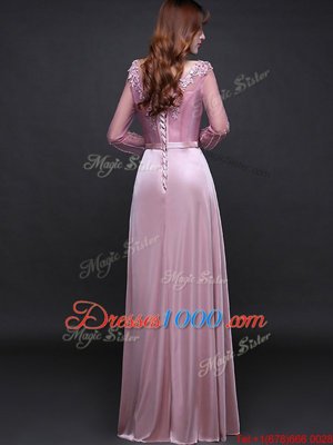 Pink Empire Elastic Woven Satin V-neck Long Sleeves Appliques and Belt Floor Length Lace Up Prom Dress