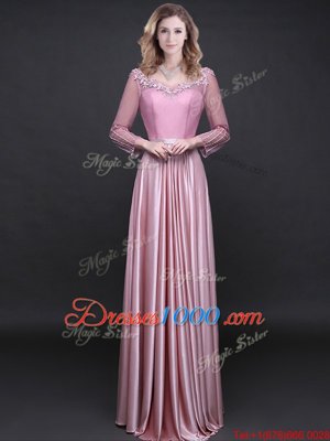 Pink Empire Elastic Woven Satin V-neck Long Sleeves Appliques and Belt Floor Length Lace Up Prom Dress