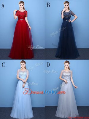 Artistic Scoop Beading Dress for Prom Wine Red Lace Up Short Sleeves Floor Length