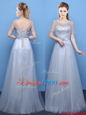 Artistic Scoop Beading Dress for Prom Wine Red Lace Up Short Sleeves Floor Length