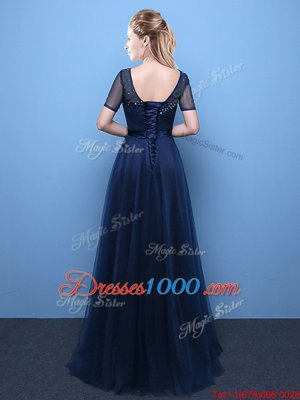 Best Scoop Floor Length Empire Short Sleeves Navy Blue Prom Dress Lace Up