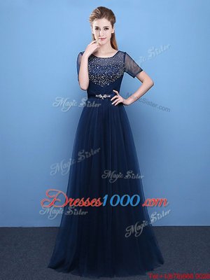 Best Scoop Floor Length Empire Short Sleeves Navy Blue Prom Dress Lace Up