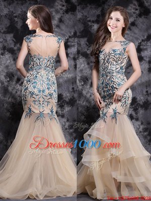 Mermaid Champagne Sleeveless Brush Train Appliques and Ruffles With Train Prom Dress