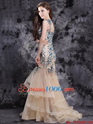 Mermaid Champagne Sleeveless Brush Train Appliques and Ruffles With Train Prom Dress