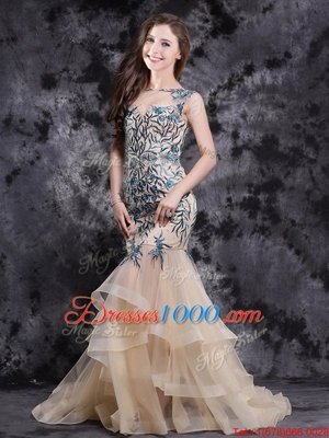 Mermaid Champagne Sleeveless Brush Train Appliques and Ruffles With Train Prom Dress