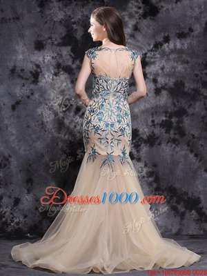 Mermaid Champagne Sleeveless Brush Train Appliques and Ruffles With Train Prom Dress