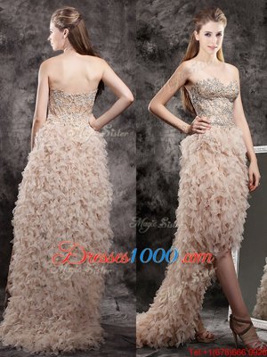 Champagne Sleeveless Appliques and Ruffles High Low Prom Dresses