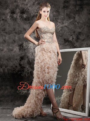 Champagne Sleeveless Appliques and Ruffles High Low Prom Dresses