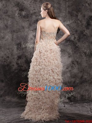 Champagne Sleeveless Appliques and Ruffles High Low Prom Dresses