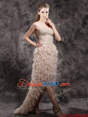 Champagne Sleeveless Appliques and Ruffles High Low Prom Dresses