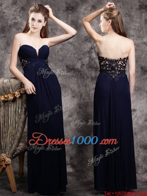 Inexpensive Navy Blue Chiffon Zipper Prom Dress Sleeveless Floor Length Appliques