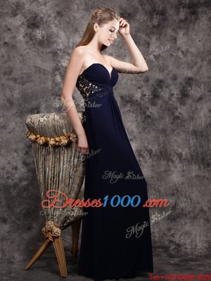 Inexpensive Navy Blue Chiffon Zipper Prom Dress Sleeveless Floor Length Appliques