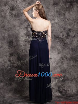 Inexpensive Navy Blue Chiffon Zipper Prom Dress Sleeveless Floor Length Appliques