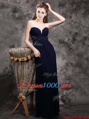 Inexpensive Navy Blue Chiffon Zipper Prom Dress Sleeveless Floor Length Appliques