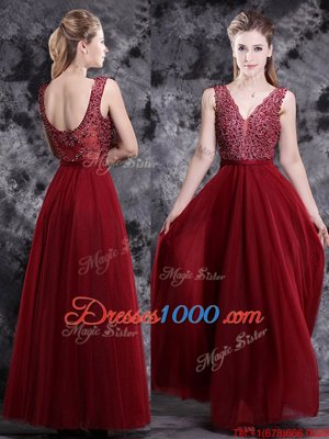 V-neck Sleeveless Oscars Dresses Floor Length Beading Wine Red Tulle