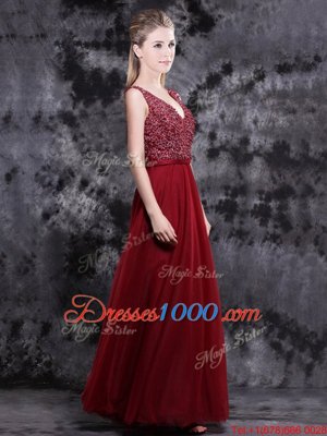 V-neck Sleeveless Oscars Dresses Floor Length Beading Wine Red Tulle