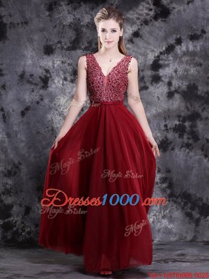 V-neck Sleeveless Oscars Dresses Floor Length Beading Wine Red Tulle