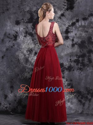 V-neck Sleeveless Oscars Dresses Floor Length Beading Wine Red Tulle