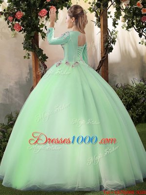 Custom Designed Apple Green Ball Gowns Scoop Long Sleeves Tulle Floor Length Lace Up Appliques Quinceanera Dress