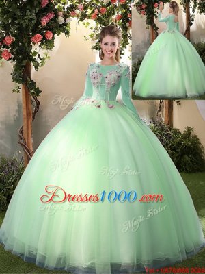 Custom Designed Apple Green Ball Gowns Scoop Long Sleeves Tulle Floor Length Lace Up Appliques Quinceanera Dress