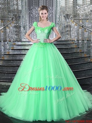 Apple Green Ball Gowns Straps Sleeveless Tulle With Brush Train Lace Up Beading and Appliques Ball Gown Prom Dress